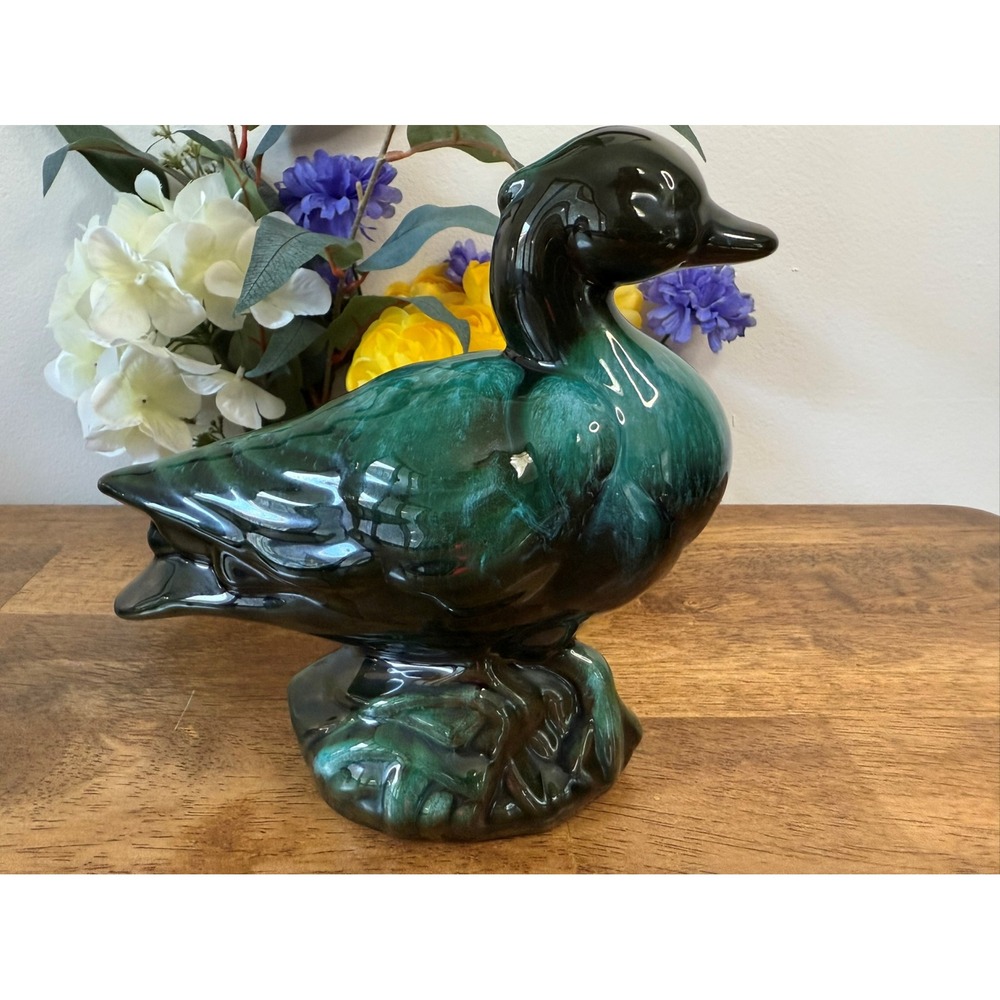 Vintage Blue Mountain Pottery Duck Figurine – Green‎ Drip Glaze Ceramic Art